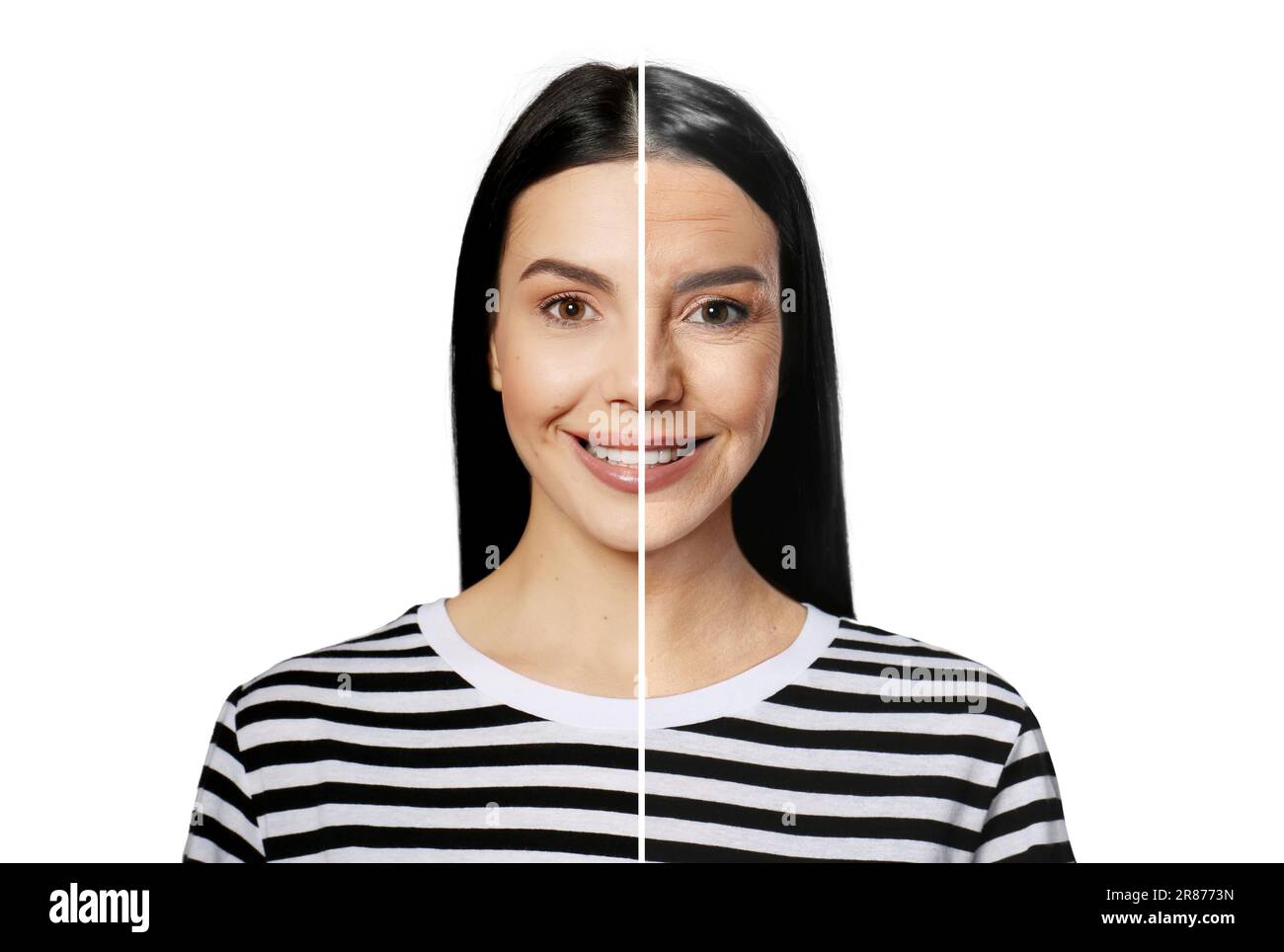 Changes in appearance during aging. Portrait of woman divided in half