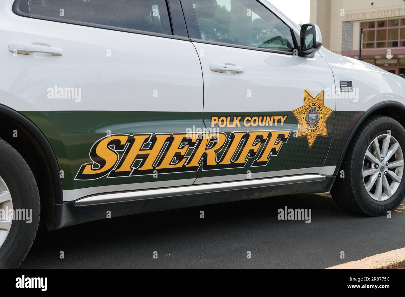 Dallas, OR, USA - June 13, 2023; Closeup of Polk County sheriff vehicle with name and badge Stock Photo