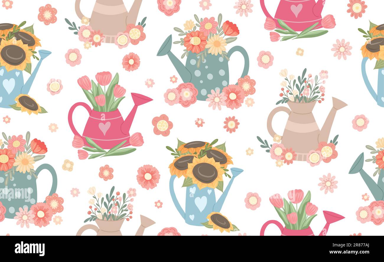 Vector seamless pattern with watering cans with tulips and sunflowers ...