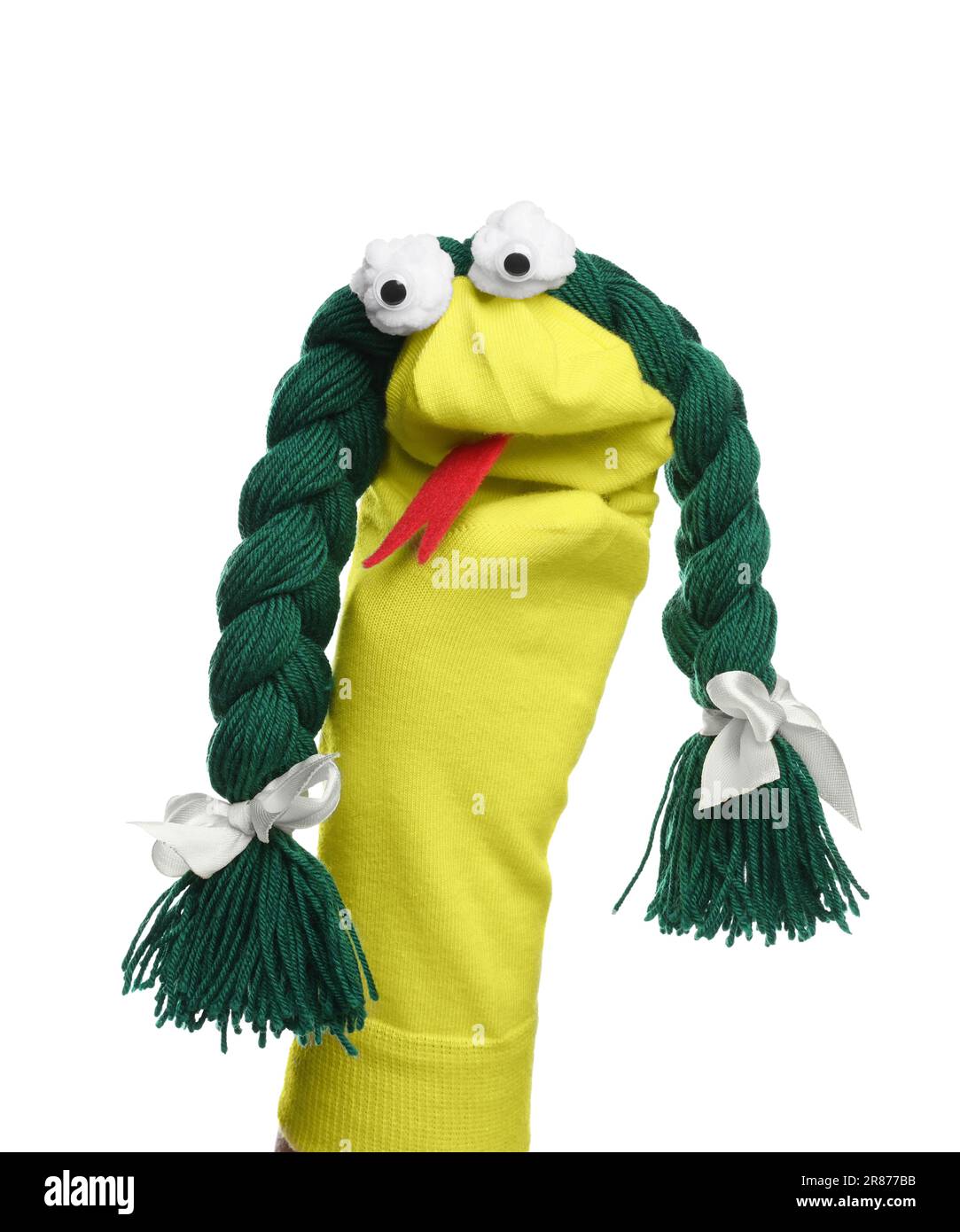 Funny sock puppet with braids isolated on white Stock Photo Alamy