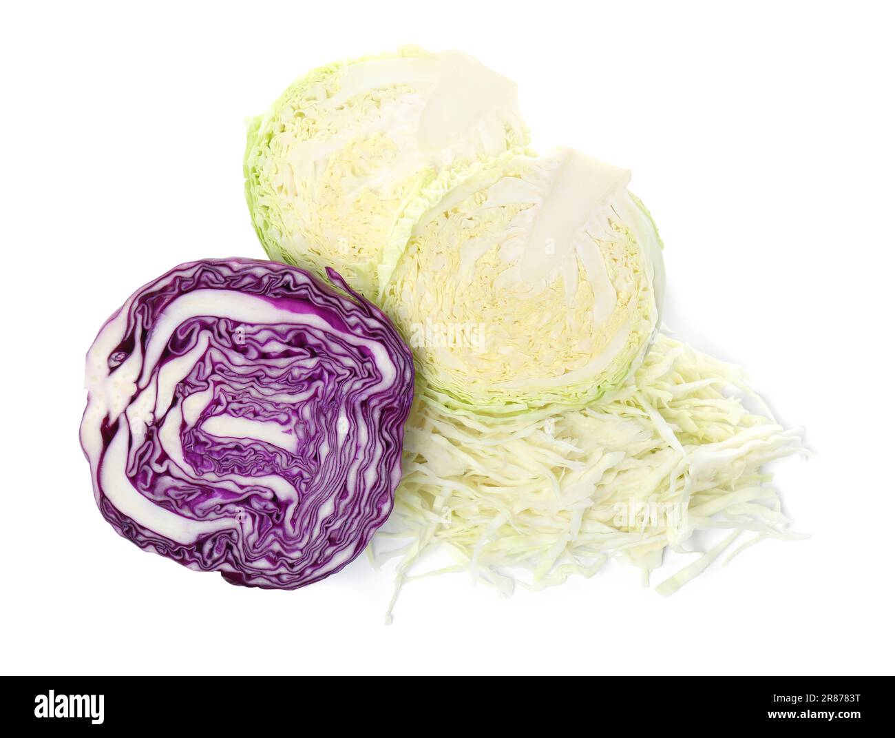 Different types of cut cabbage on white background, top view Stock ...