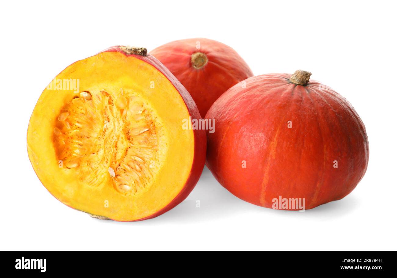 Many whole and cut ripe pumpkins on white background Stock Photo - Alamy