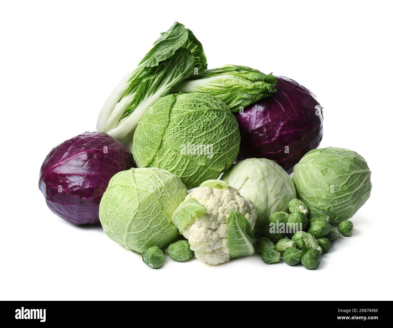 Many different fresh ripe cabbages on white background Stock Photo - Alamy