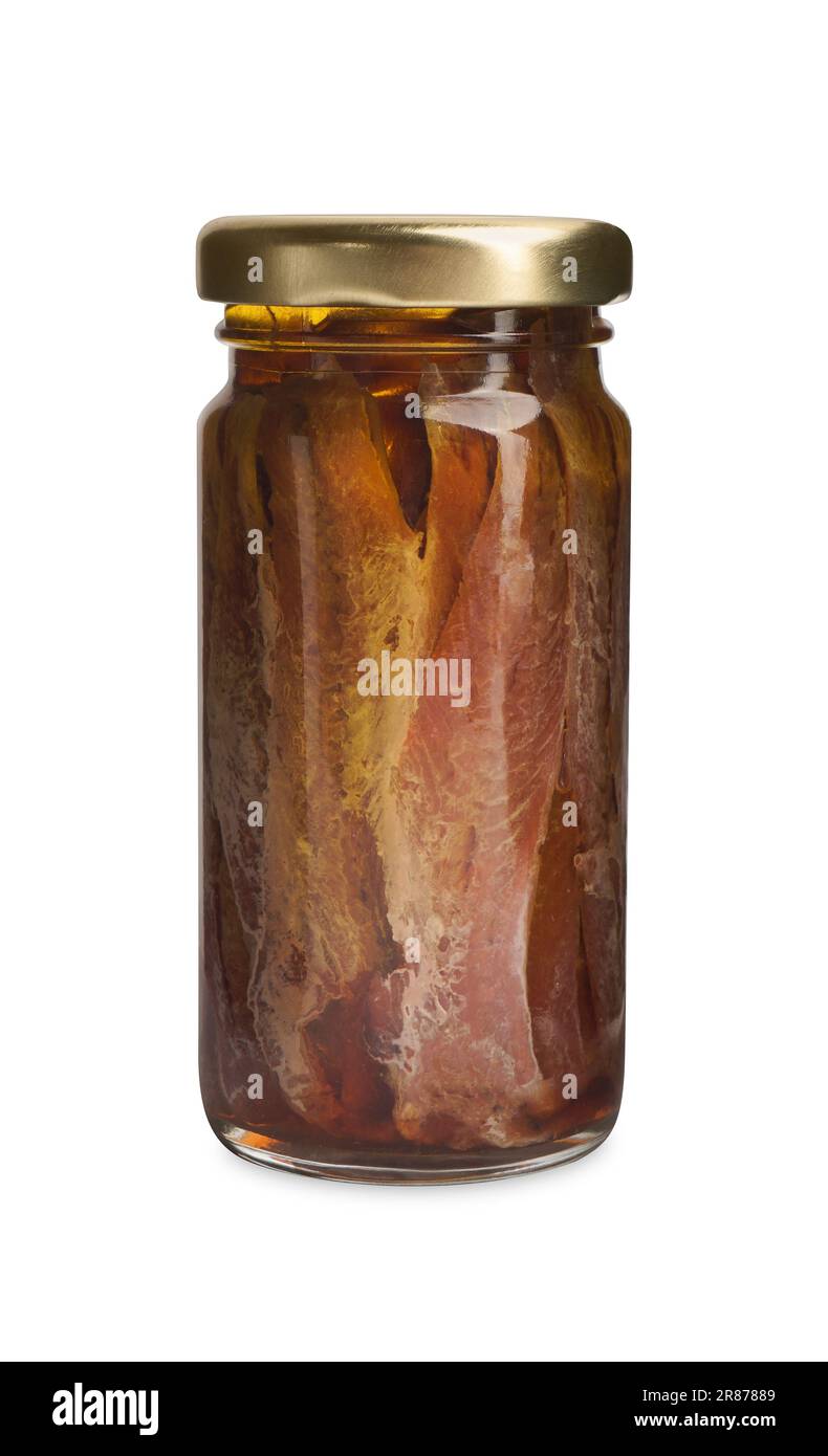 Jar with anchovy fillets in oil isolated on white Stock Photo Alamy