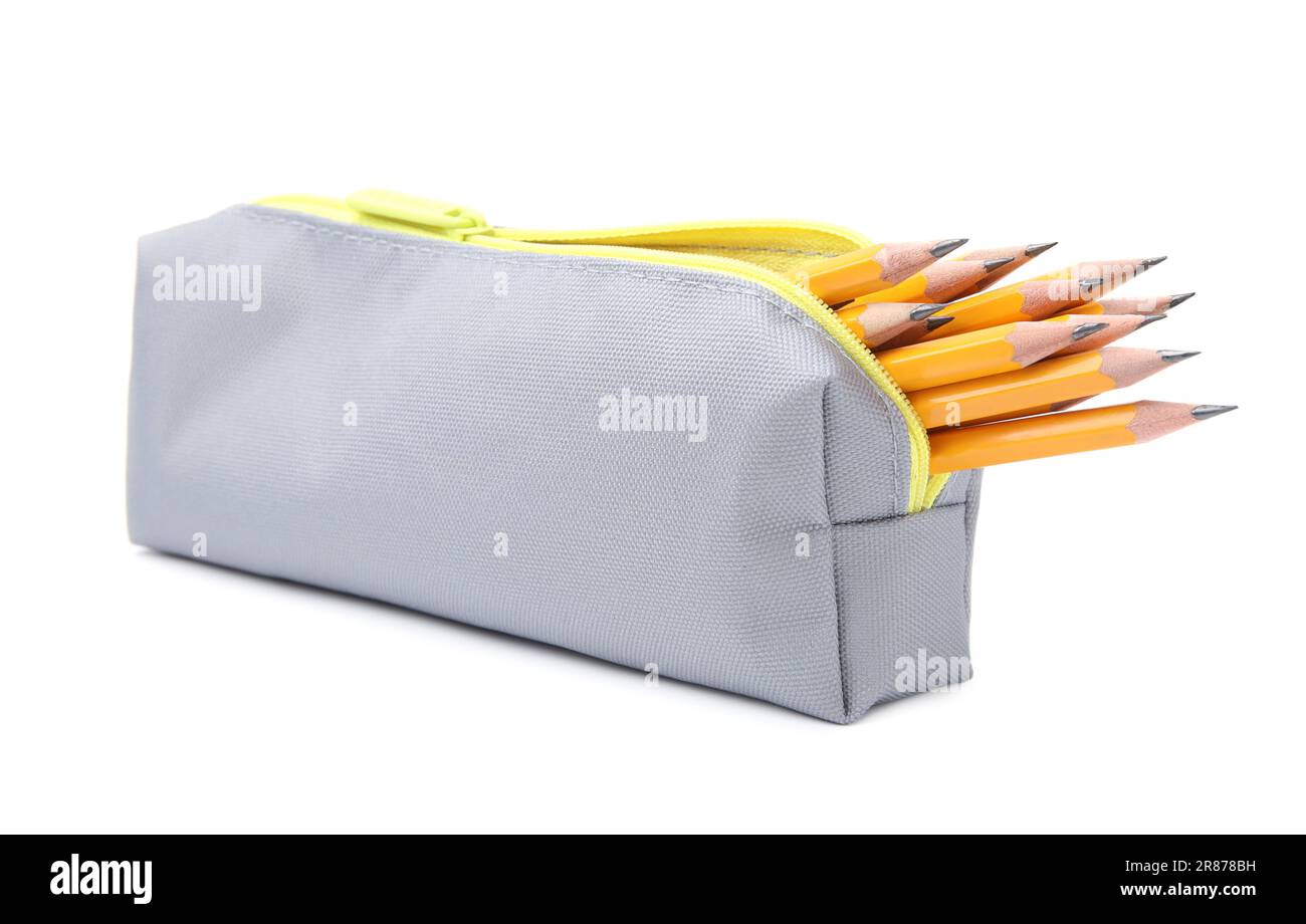Many sharp pencils in pencil case on white background Stock Photo