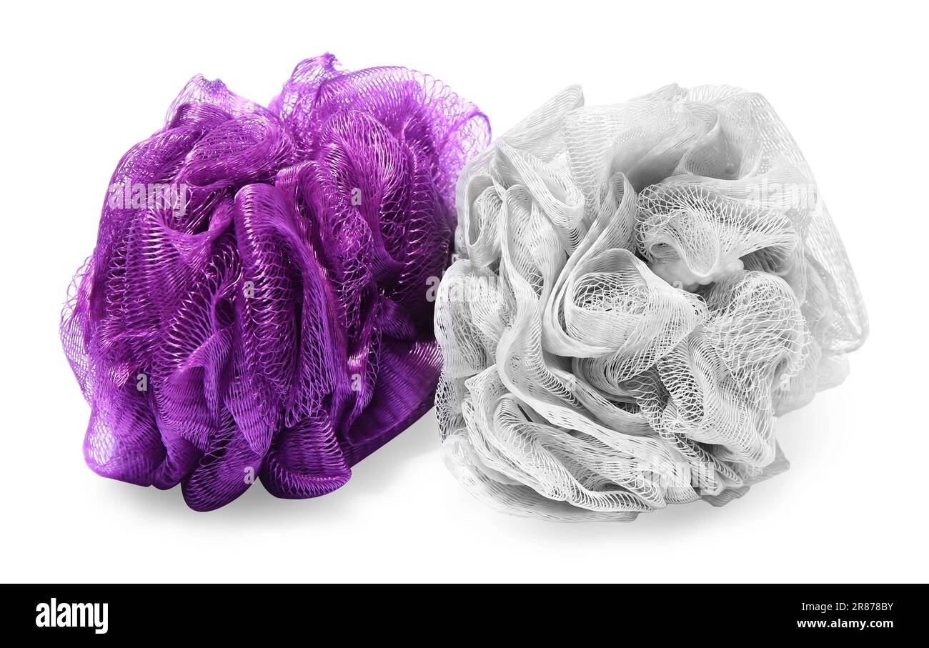 New shower puffs on white background. Personal hygiene Stock Photo Alamy