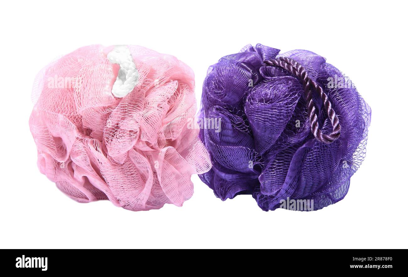 New shower puffs on white background. Personal hygiene Stock Photo Alamy