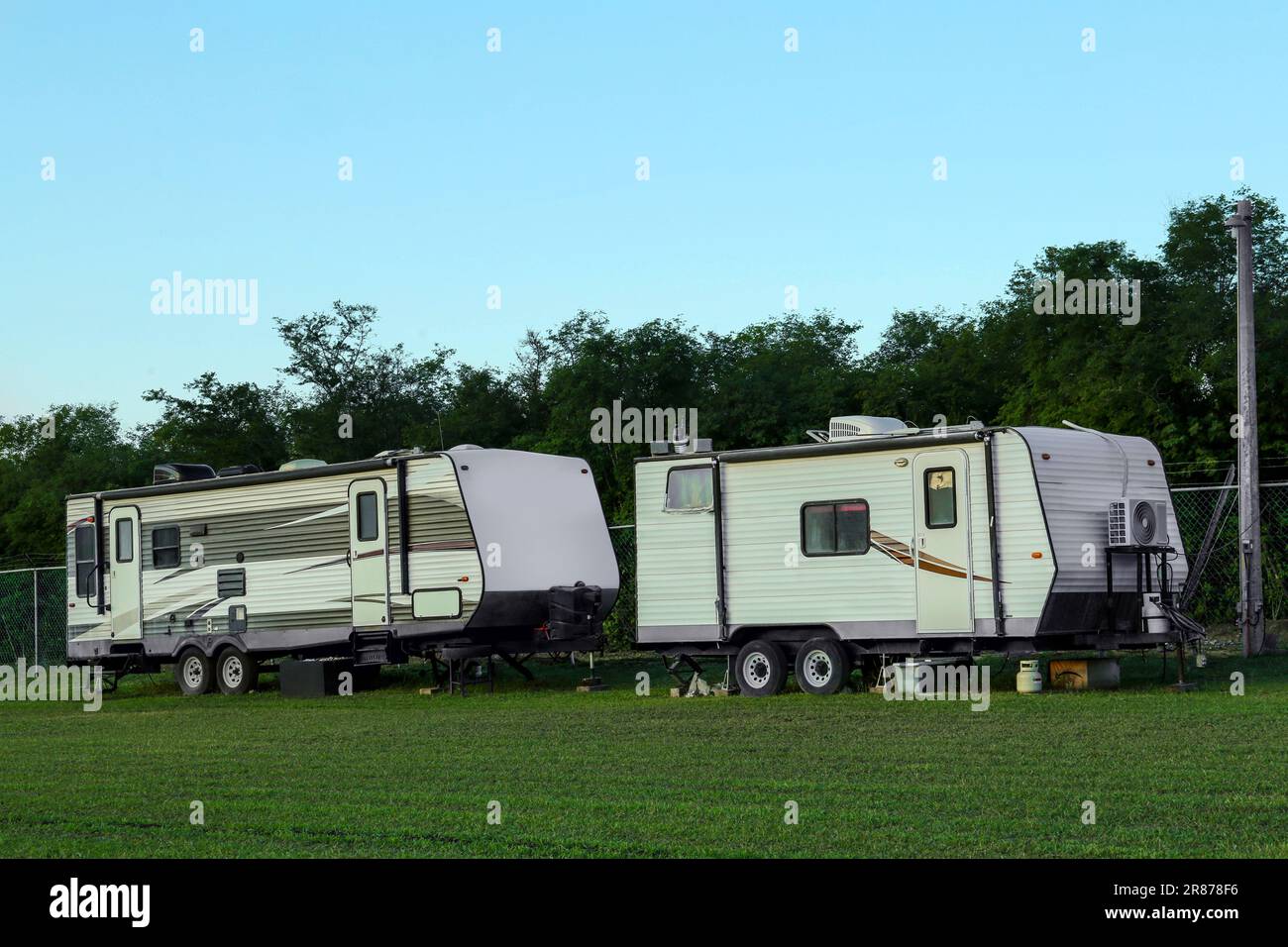 Travel trailers parked outdoors. Home on wheels Stock Photo