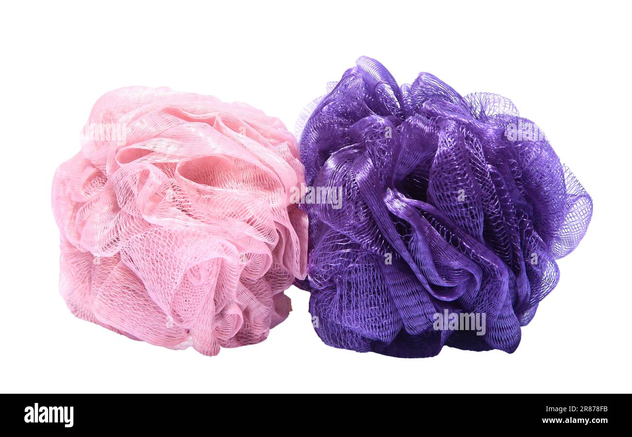New shower puffs on white background. Personal hygiene Stock Photo Alamy