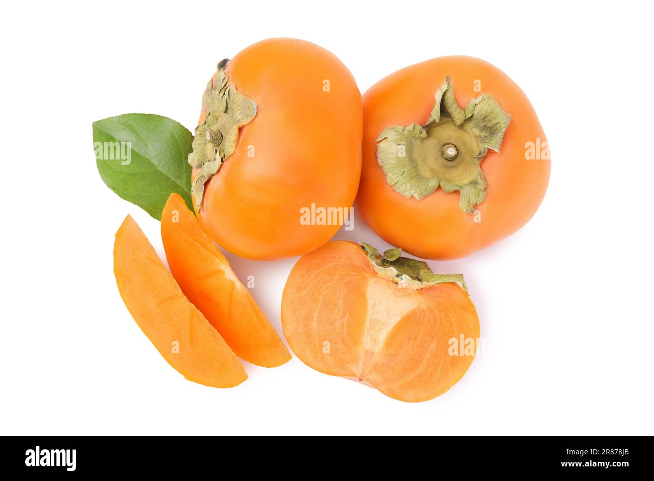 Whole and cut delicious ripe juicy persimmons on white background, top ...