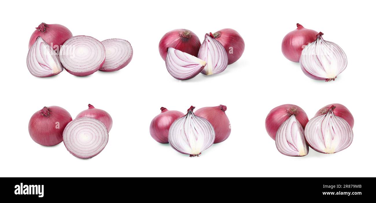 Collage with whole and cut red onions on white background Stock Photo ...