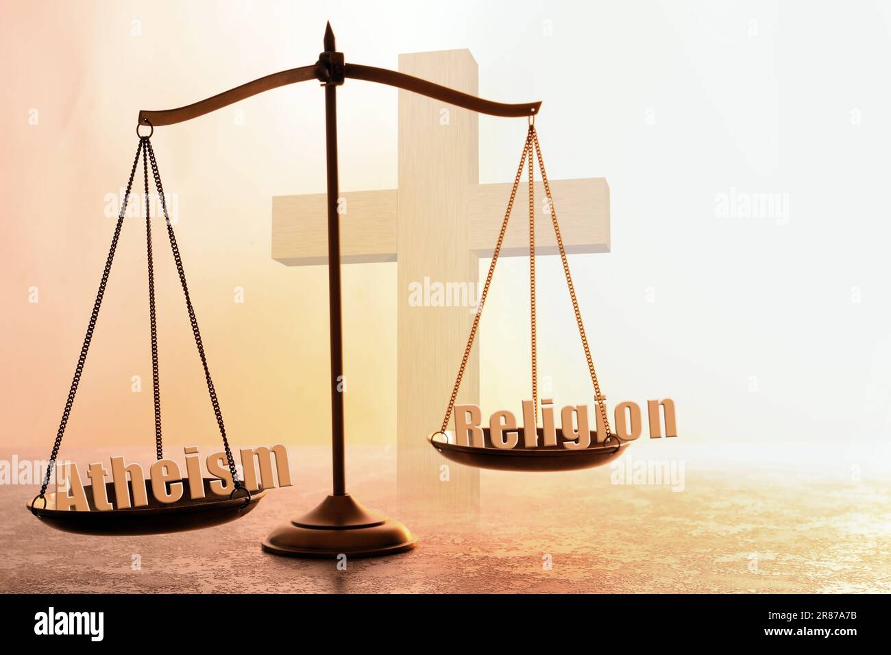 Choice between atheism and religion. Scales with words on textured surface against cross Stock Photo