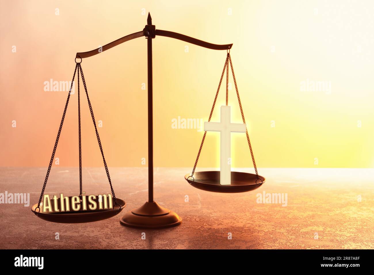 Choice between atheism and religion. Scales with word and cross on textured surface Stock Photo