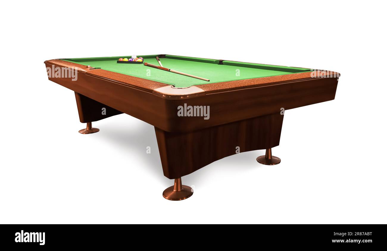 Billiard table with wooden cues, rack and balls on white background Stock Photo