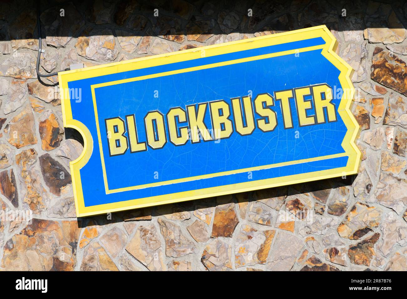 Bend, OR, USA - June 16, 2023; Logo sign on last Blockbuster location wall in Bend Oregon Stock Photo