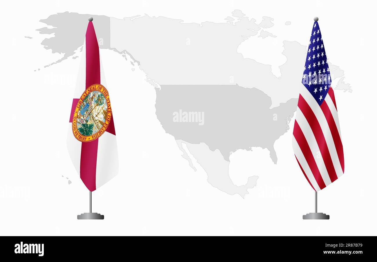 Florida US and USA flags for official meeting against background of world map. Stock Vector