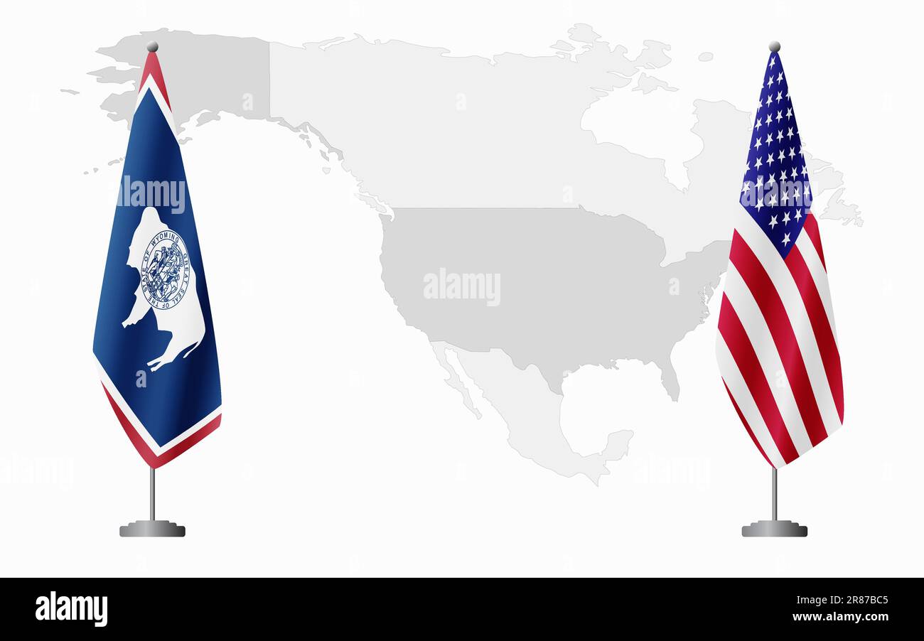 Wyoming US and USA flags for official meeting against background of world map. Stock Vector