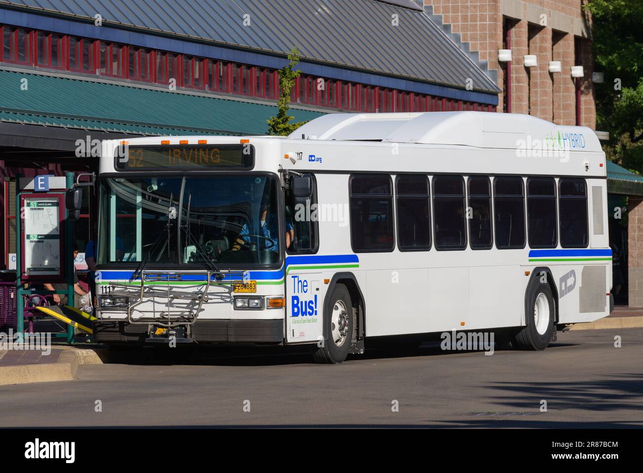 Eugene, OR, USA - June 14, 2023; Lane Transit District bus at Eugene Station with service on route 52 to Irving Stock Photo