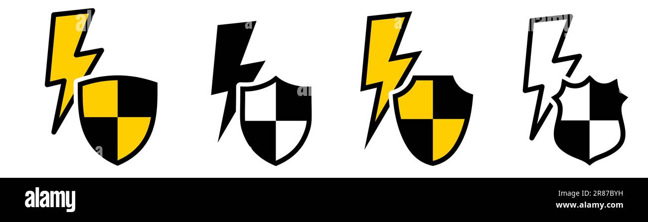 Flash icon behind shield, different versions. Protection from electric shock concept Stock Vector