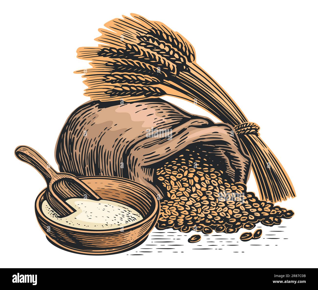 Sack of grain, ears of wheat, bowl of flour and scoop. Cooking and