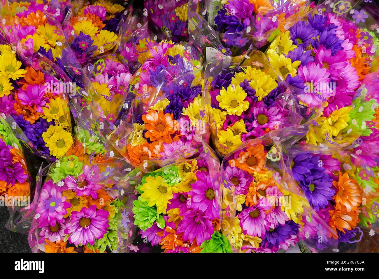 Bunches of colorful flowers for sale in a supermarket in Florida. Stock Photo