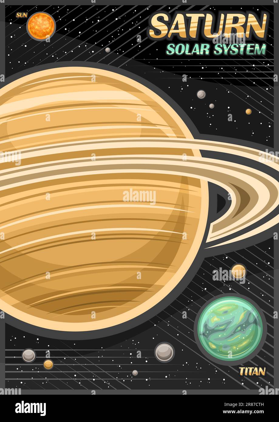 Vector Poster for Saturn, vertical banner with illustration of rotating satellites around cartoon saturn planet on black starry background, decorative Stock Vector