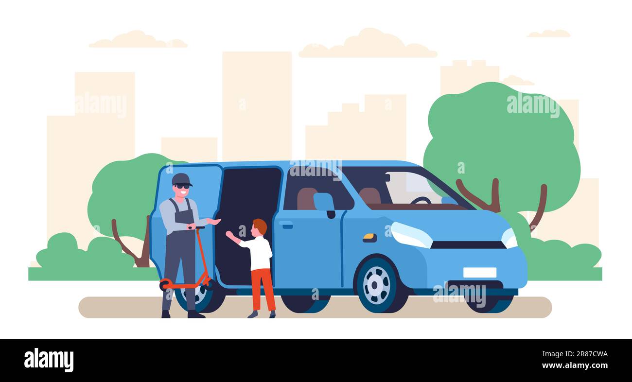 Strange man in glasses lures child into car offering to give him scooter. Babies abduction. Crime trap for little children. Pedophilia and kidnapping. Stock Vector