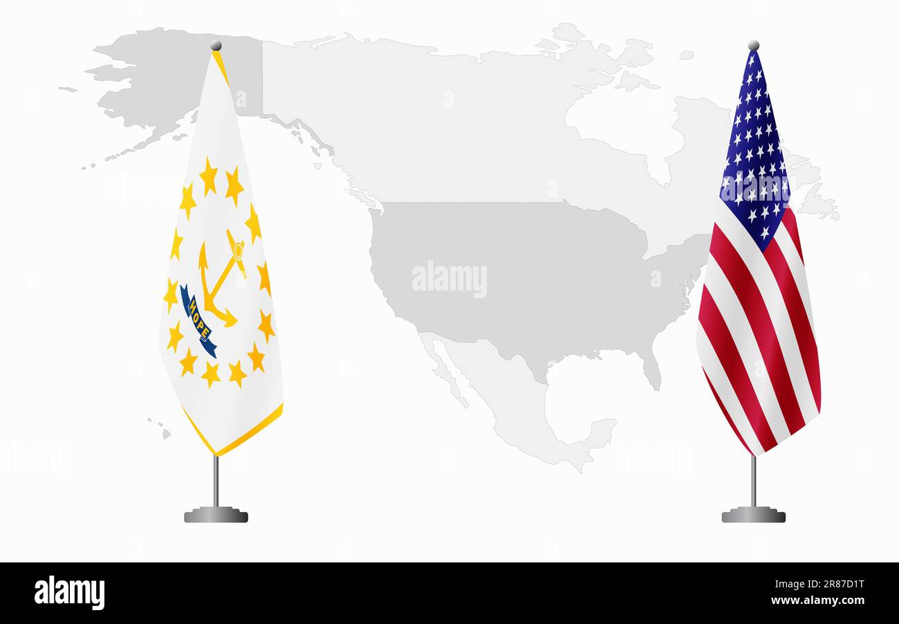 Rhode Island US and USA flags for official meeting against background of world map. Stock Vector