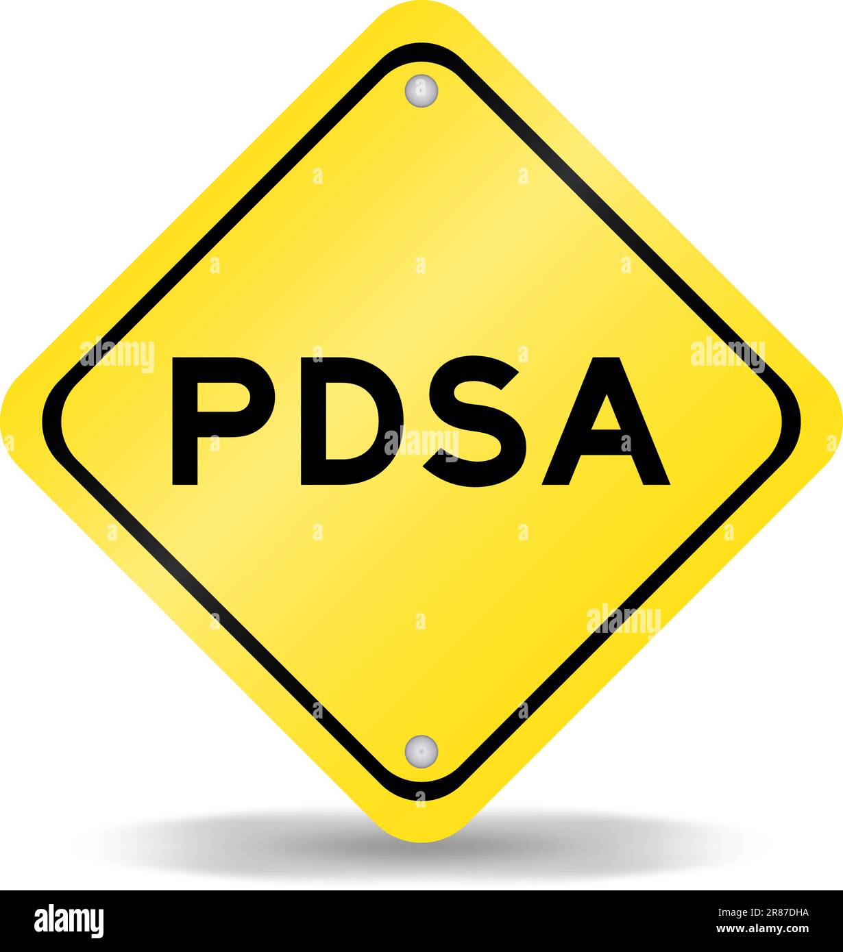 Yellow color transportation sign with word PDSA (Abbreviation of plan do study act) on white