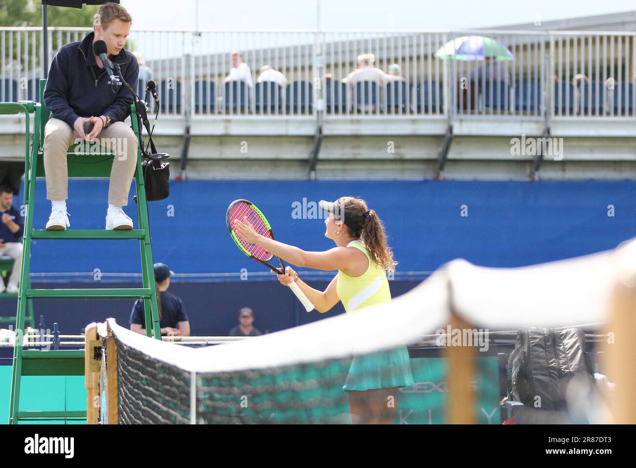 Ilkley, UK. 19th June, 2023. Ilkley Tennis Club, England, June 19th 2023: Jesika Maleckova challenges a call during the W100 Ilkley against Harmony Tan at Ilkley Tennis Club (Sean Chandler/SPP) Credit: SPP Sport Press Photo. /Alamy Live News Stock Photo