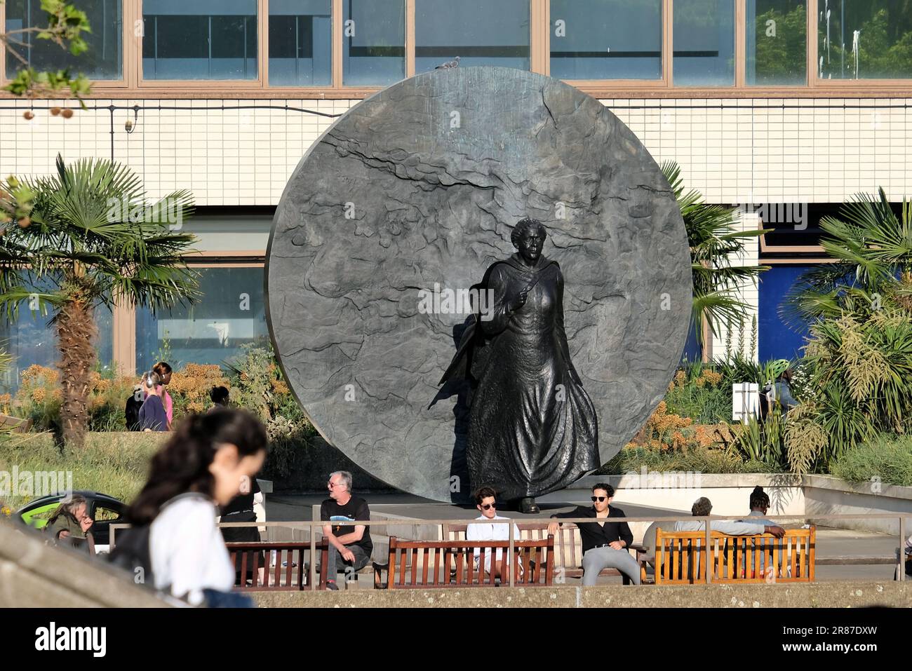 London, UK. The Mary Seacole Memorial as seen from Westminster Bridge with a person passing by. Stock Photo