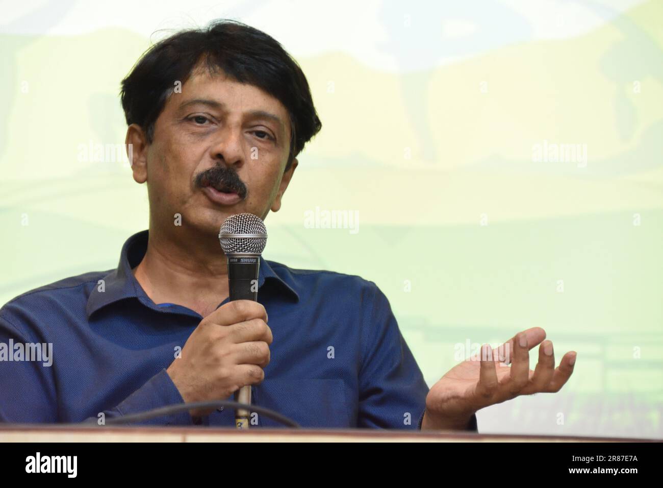 Kolkata, India. 19th June, 2023. Pramod Grover, Director-In-Charge, Science City, talking at a press meet for upcoming event, celebration of the International Day of Yoga with about 500 underprivileged children and school children in the Science City premises on June 21, 2023. The event will be a one-of-a-kind initiative at the heart of the city as several dignitaries and sports personalities. It will be organised jointly by Science City, Kolkata and The Kidney Care Society. (Photo by Biswarup Ganguly/Pacific Press) Credit: Pacific Press Media Production Corp./Alamy Live News Stock Photo