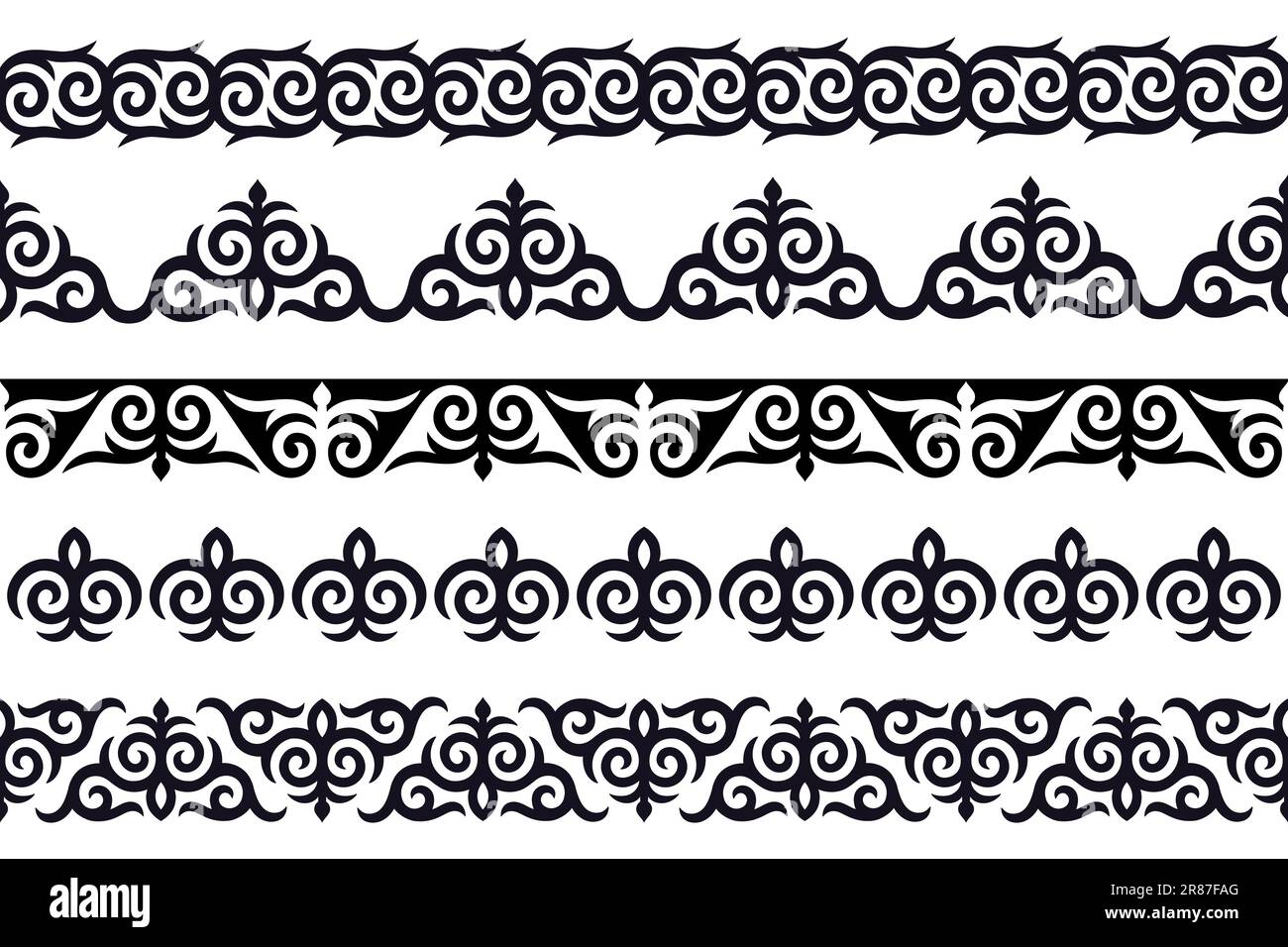 Traditional Kazakh, Kyrgyz, Uzbek pattern set. Seamless bands or borders, black and white ornaments. Vector design element. Stock Vector