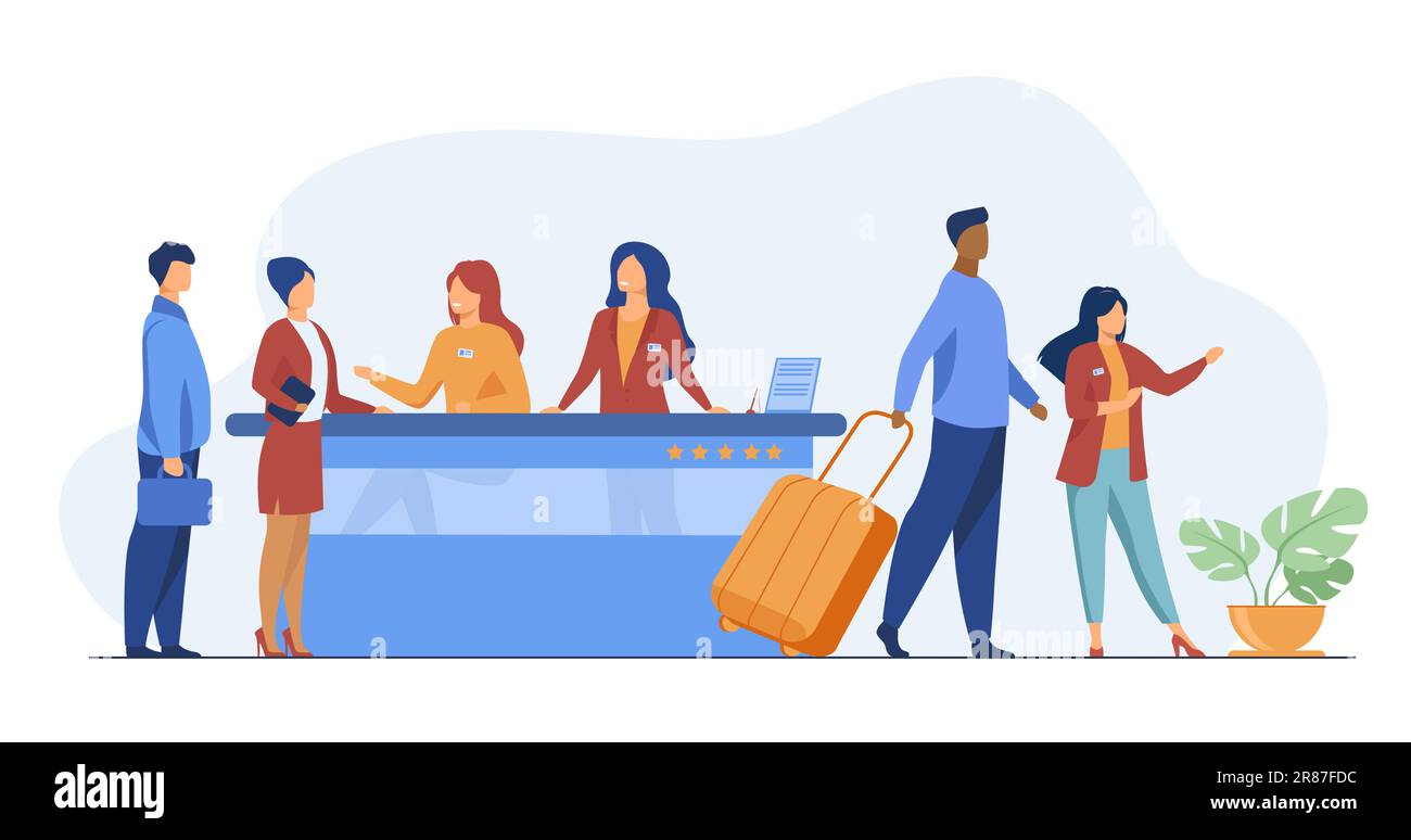 Friendly receptionists from hotel registration desk help clients Stock Vector