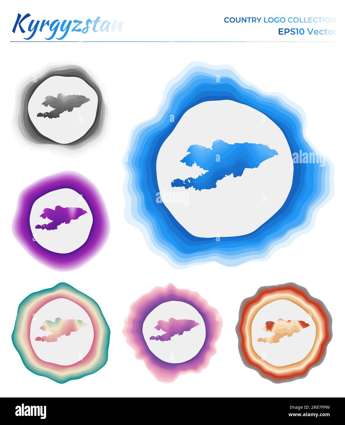 Kyrgyzstan logo collection. Colorful badge of the country. Layers around Kyrgyzstan border shape. Vector illustration. Stock Vector