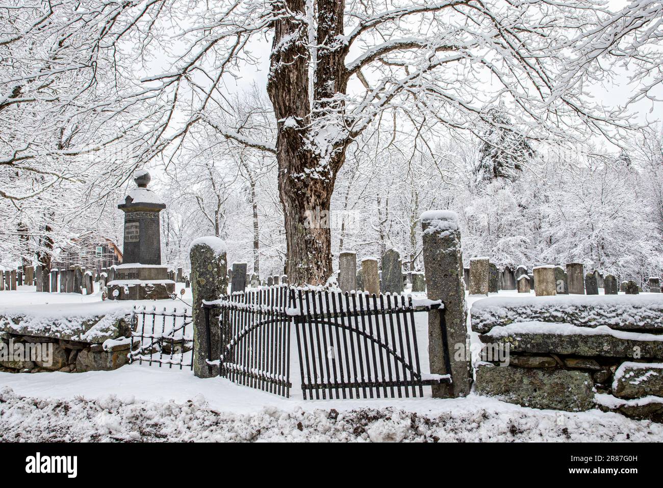 The Upper Cemetery in Phillipston, MA after a snow storm Stock Photo
