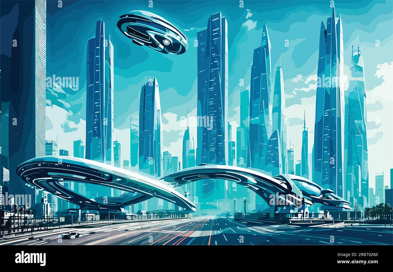 a futuristic cityscape with sleek skyscrapers, flying cars, and high-tech infrastructure. futuristic landmarks or holographic advertisements to Stock Vector