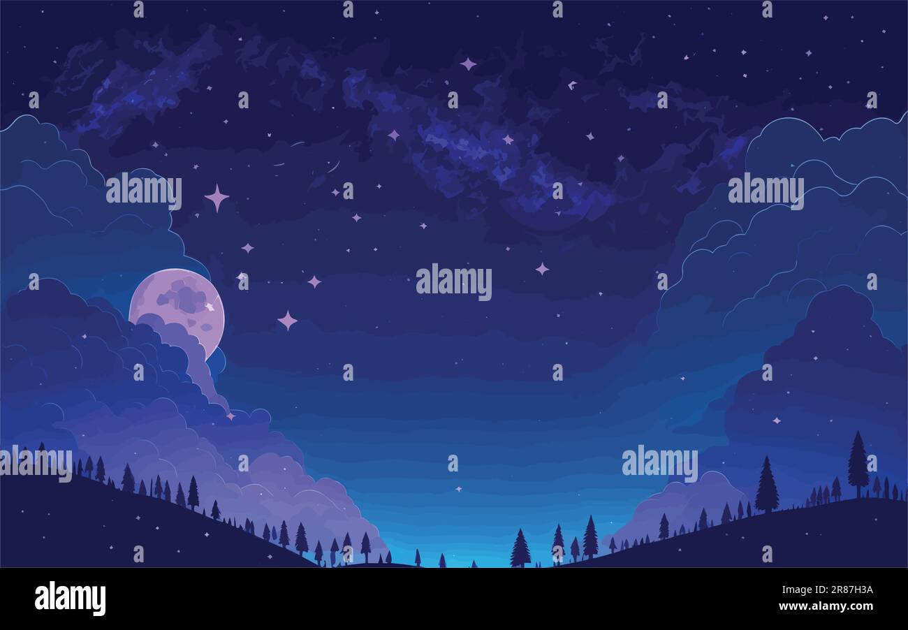 background illustration with a dreamy celestial theme. cosmic landscape with a starry sky, distant galaxies, and celestial objects. wonder and mystery Stock Vector