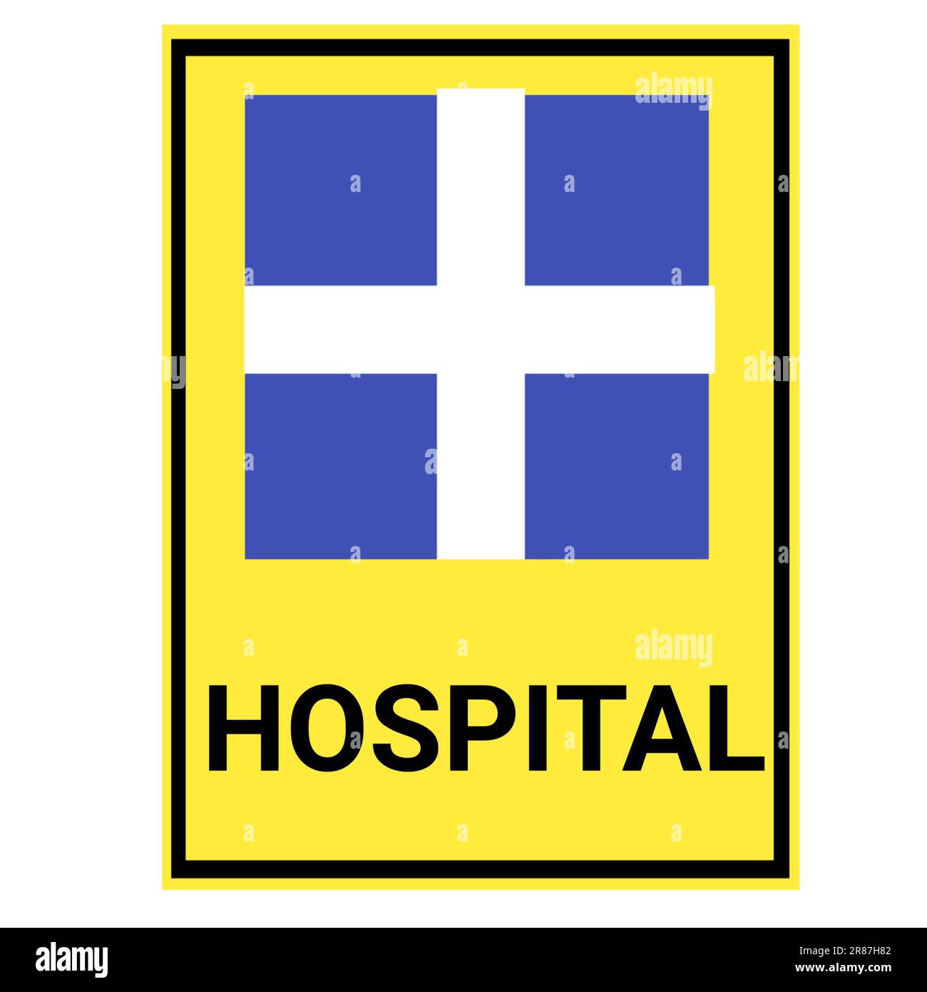 hospital sign with yellow background. blue square with middle white