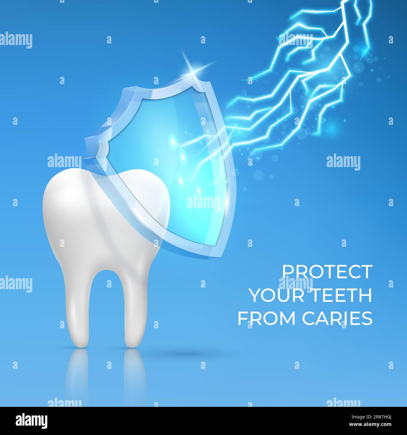 Realistic teeth with shield. Strong dental tooth, caries safeguard, spark lighting care, dentist clean. Toothpaste advertising graphic design with 3d Stock Vector
