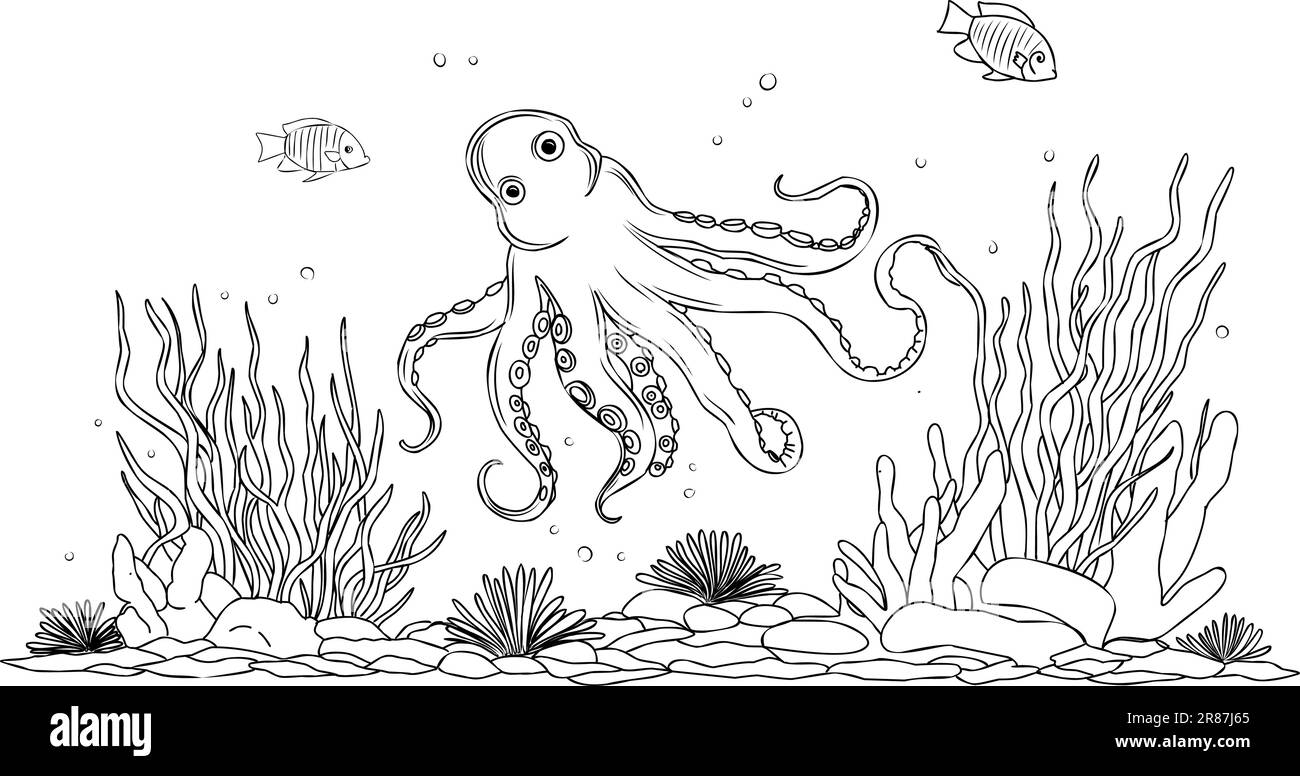 Coloring book octopus.Coloring page life in the ocean with algae Stock Vector
