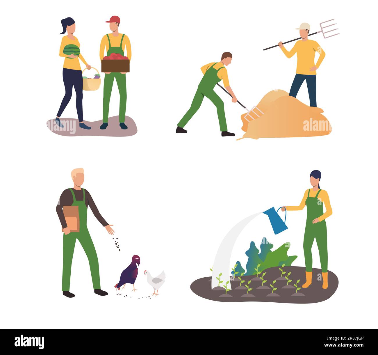 Set of farmers cultivating crops and feeding animals Stock Vector Image