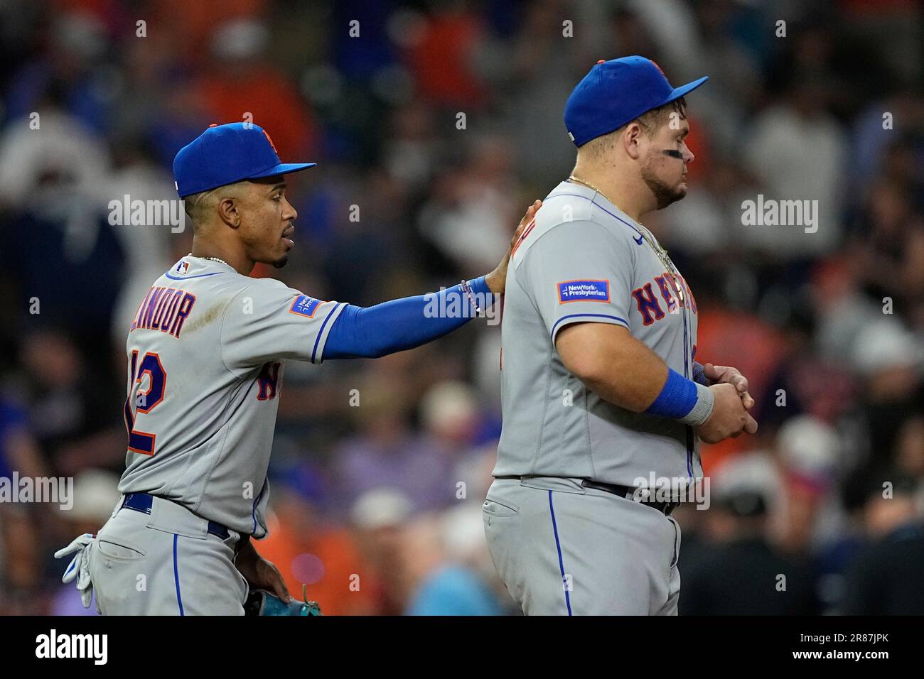 New York Mets' Francisco Lindor (12) and Daniel Vogelbach celebrate after a  baseball game against the Houston Astros Monday, June 19, 2023, in Houston.  The Mets won 11-1. (AP Photo/David J. Phillip