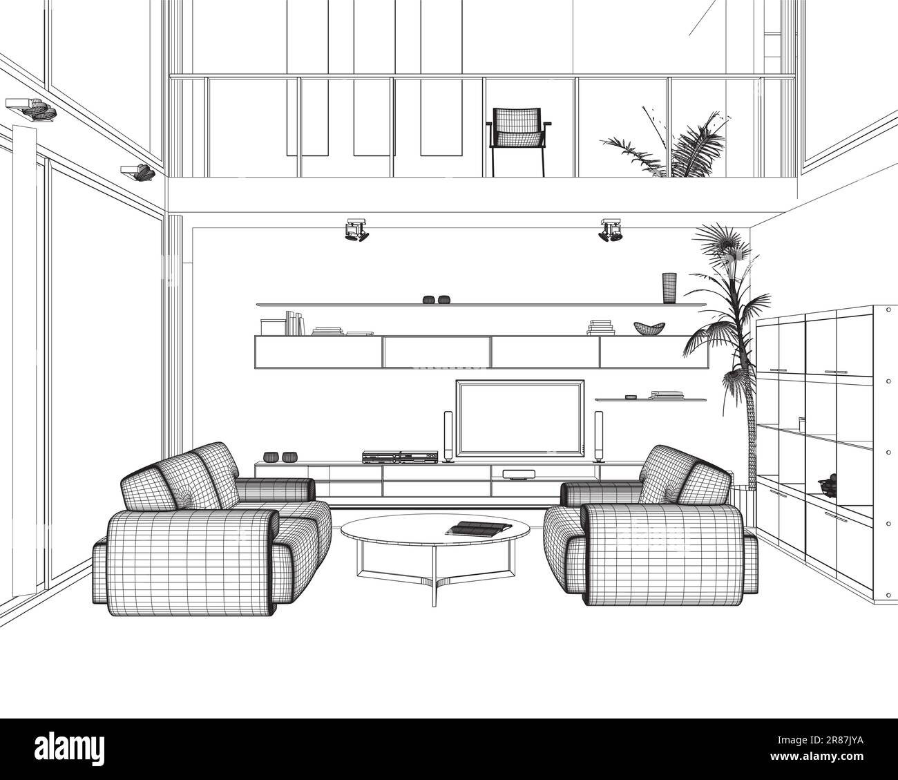 Wireframe Interior design modern living room in black line on white ...