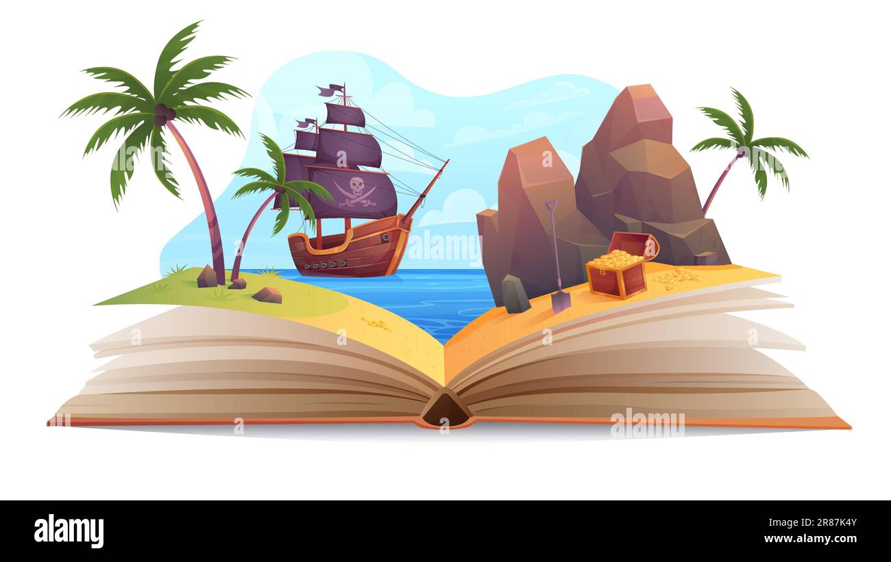 Cartoon fairytale world on paper pages for reading, corsair boat sailing to treasure island in sea landscape. Open book with fun story about adventure of pirate ship for children vector illustration Stock Vector