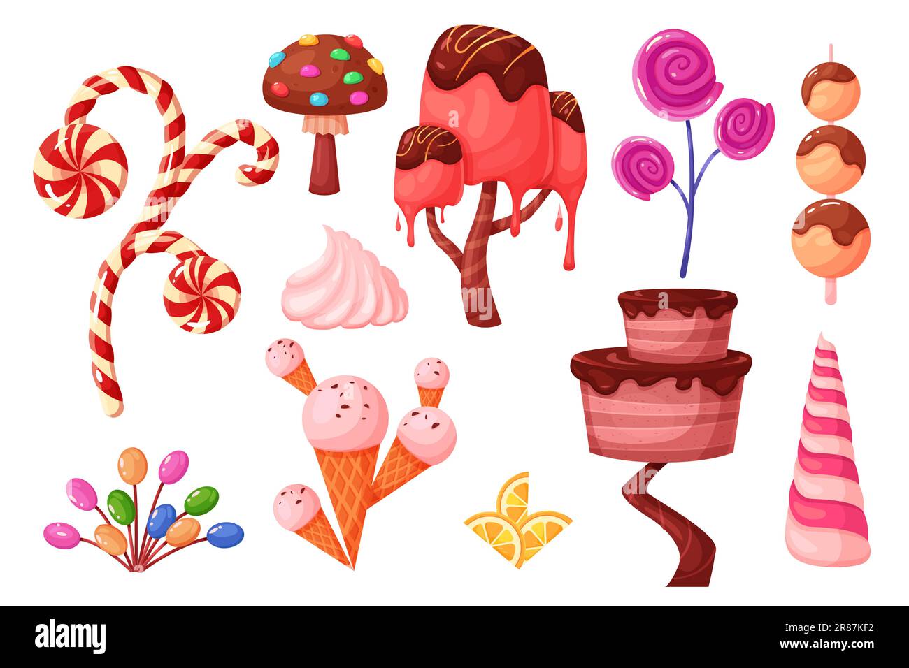 Fantasy candy plants set vector illustration. Cartoon isolated confectionery collection with trees and mushrooms of fantastic world, flower with lollipop crown and cane, chocolate and caramel flowing Stock Vector