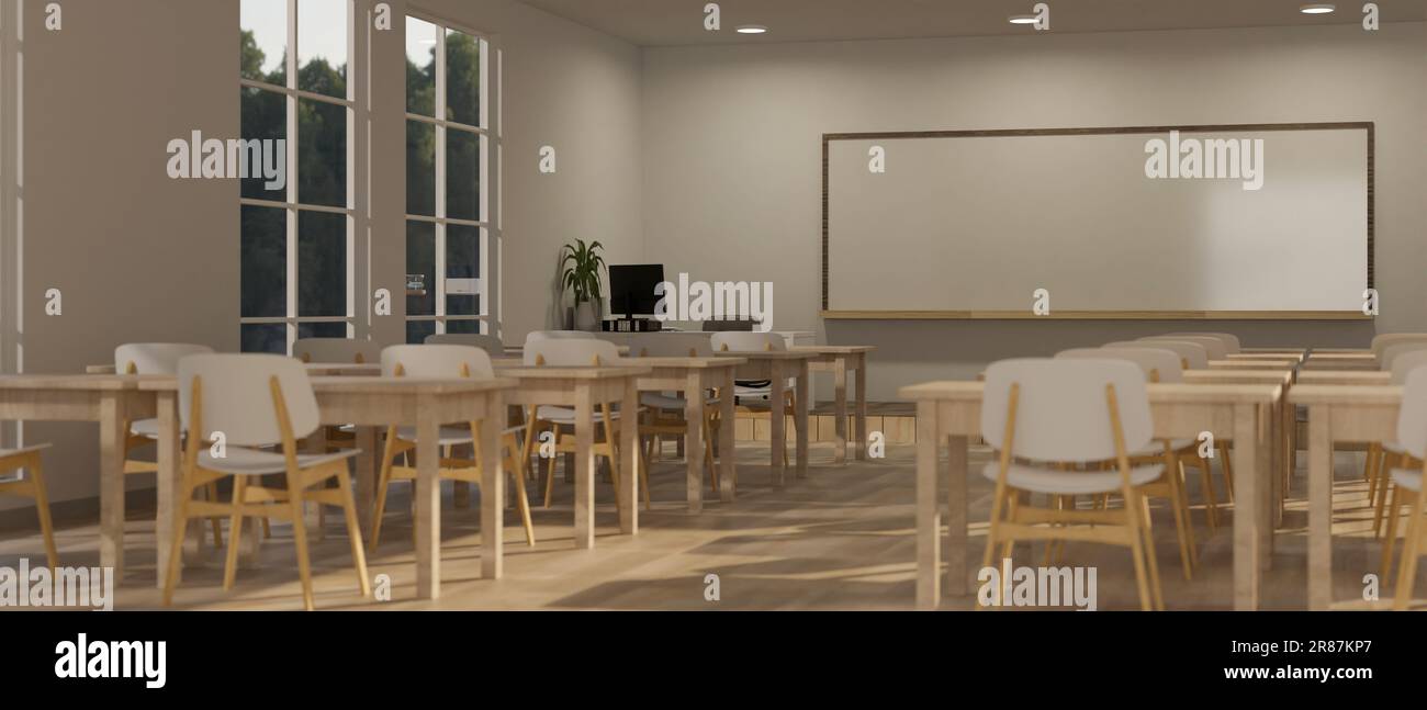 Interior design of a modern minimalist classroom with rows of wooden