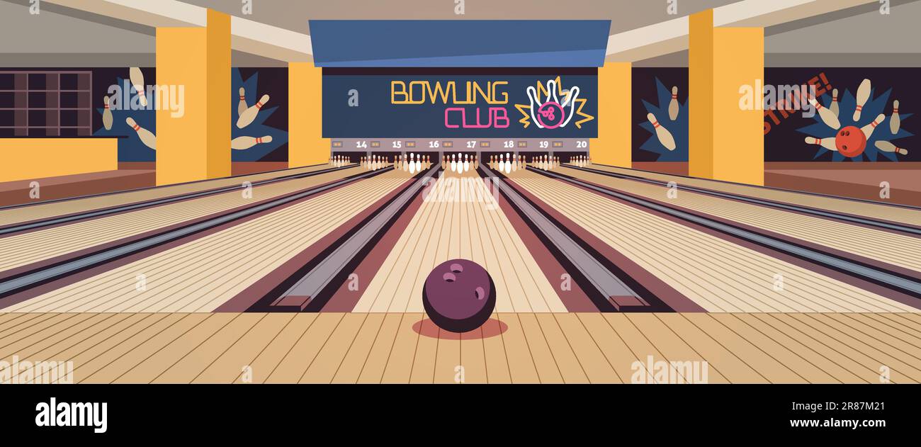 Cartoon bowling center interior. Wooden alleys with skittles, ball for group game competition, empty club, sports and leisure time entertainment, hori Stock Vector