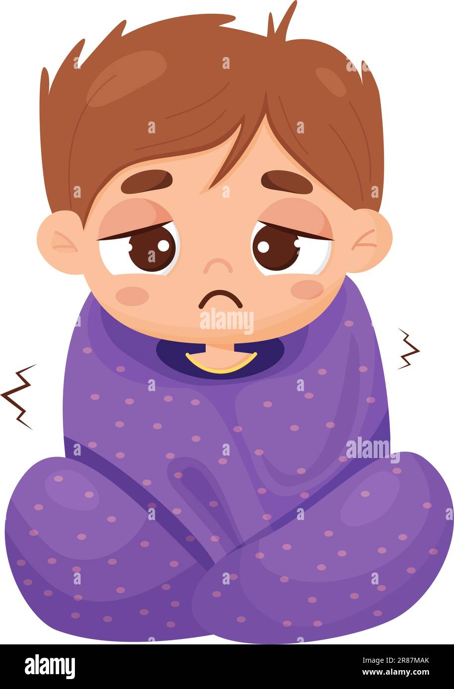 Suffering sick boy wrapped in blanket trembles. Vector illustration in