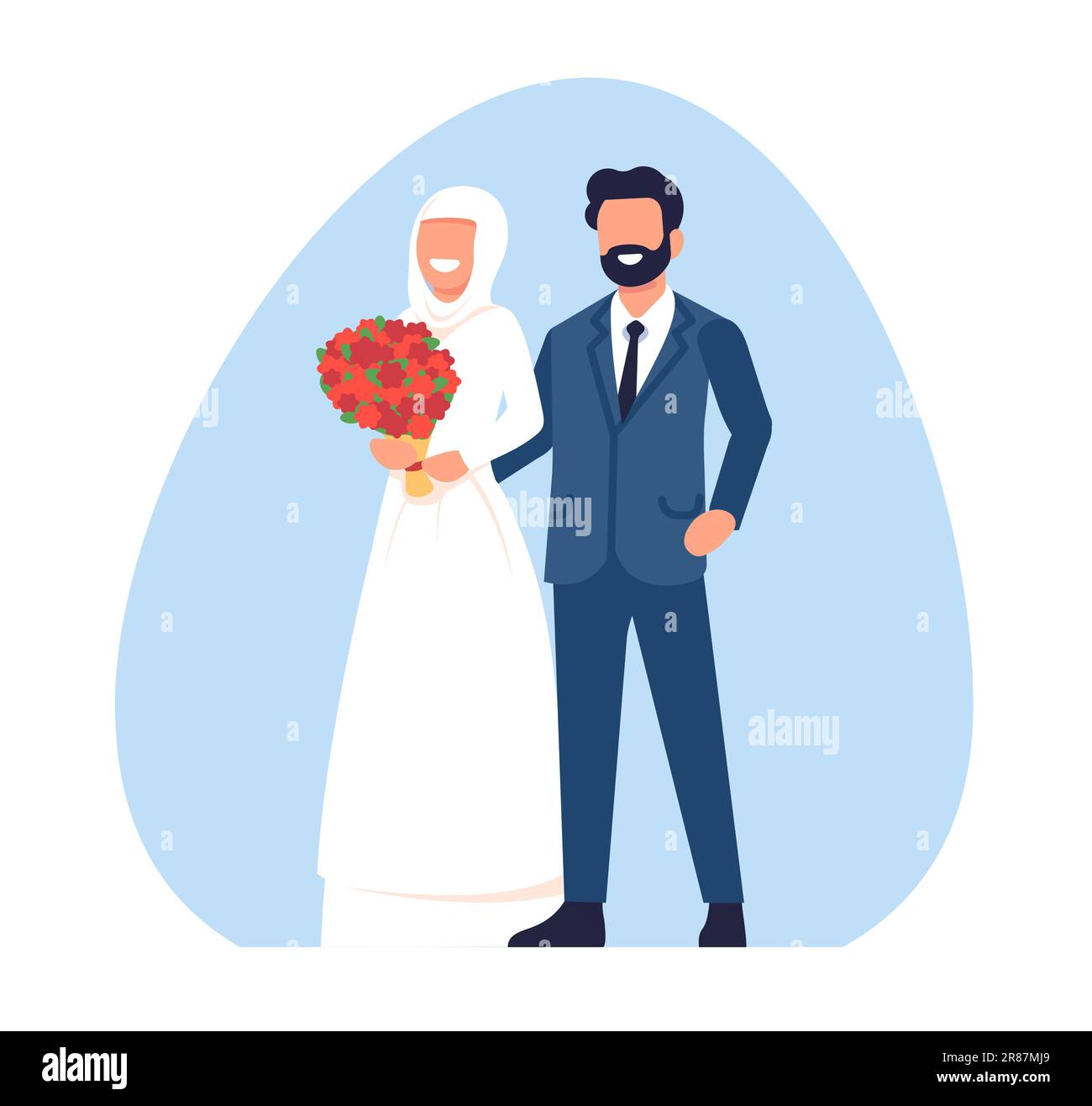 Muslim wedding couple. Happy bride and groom. Holiday dress and suit. Islamic marriage celebration. Arabic newlyweds. Wife and husband portrait. Flowe Stock Vector